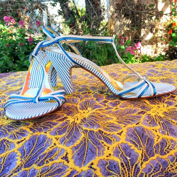 Fornarina Shoes - Blue & Gold Striped Strappy Kitten Heel Sandals